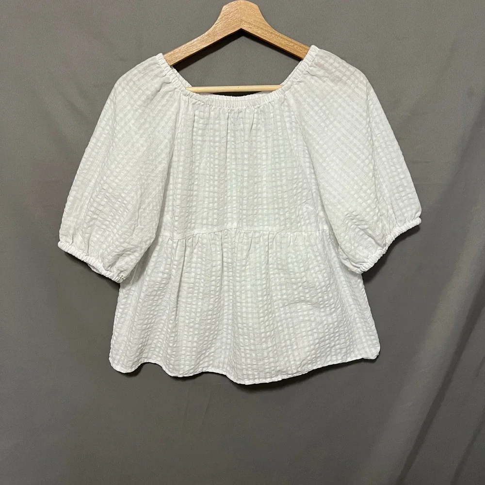 Old Navy Womens White Peasant Babydoll Top Sz M Puff Slv Cottagecore Clean Girl‎